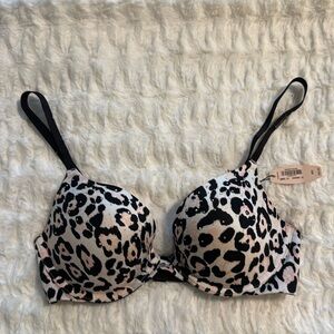 Victoria’s Secret plunge bra, black/pink with clear rhinestones, size 32D